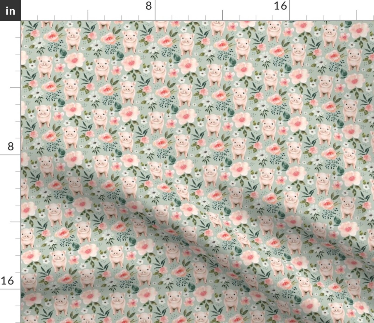 Floral Spring Pig Watercolor Piglet Blush Pink Cute Pigs Mint Blue Farm Decor Custom Printed Fabric by Spoonflower Various Fabrics by the Yard or Fat Quarter